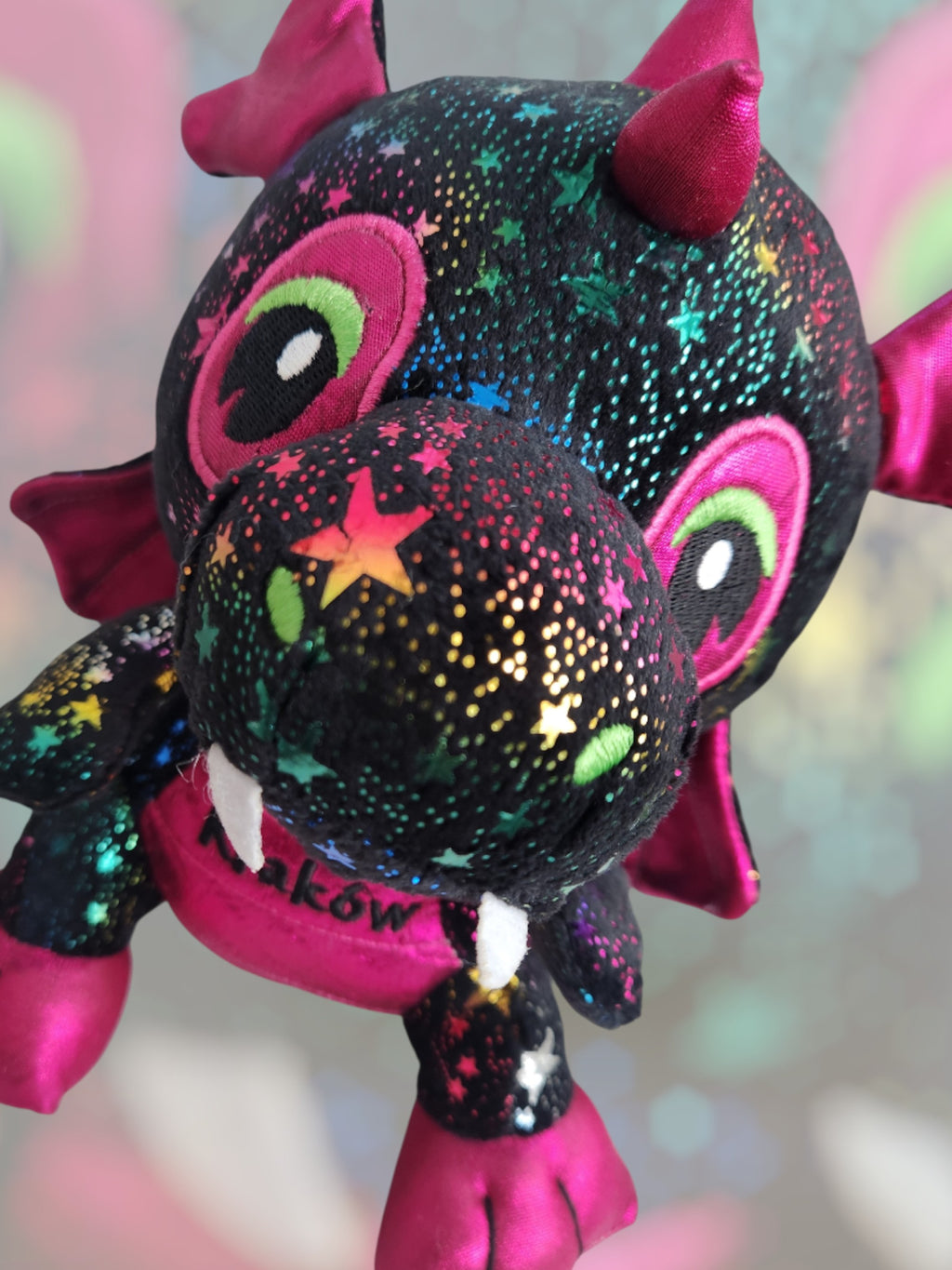 Medium Poland Krakow Wawel Dragon Plush Toy, Black/Pink Stars 10"