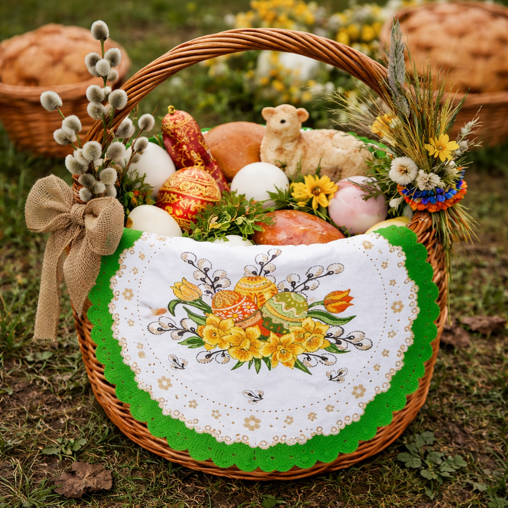 Polish Traditional Easter Eggs with Pussy Willows Round Doily 13.5"x13.5" (Green)