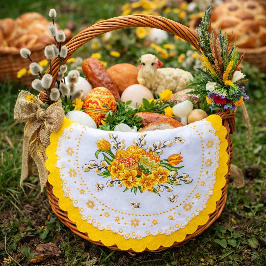 Polish Traditional Easter Eggs with Pussy Willows Round Doily 13.5"x13.5" (Yellow)