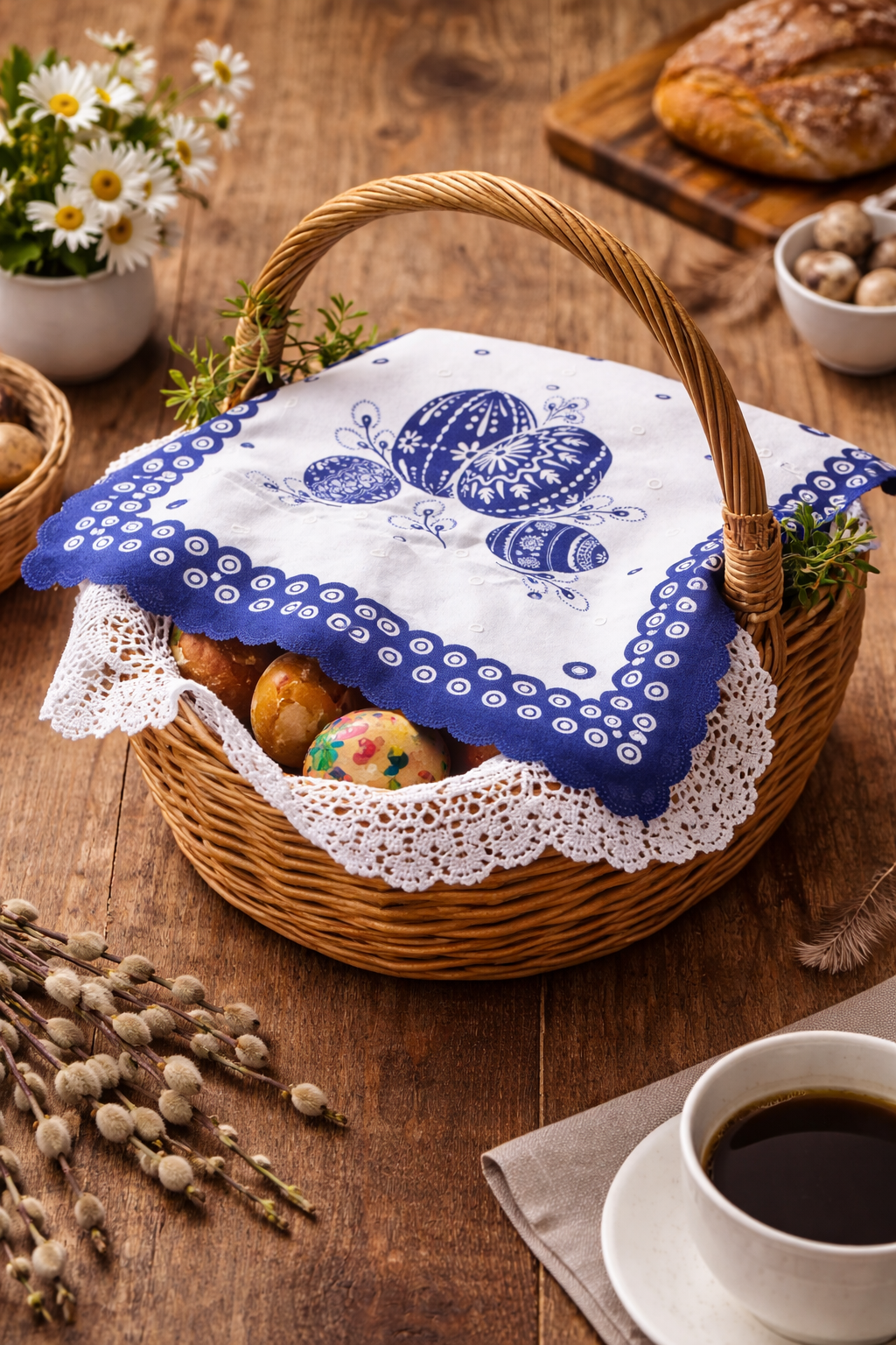 Blue Dot Polish Pottery Easter Eggs Square Doily with Scalloped Edges 13.5"