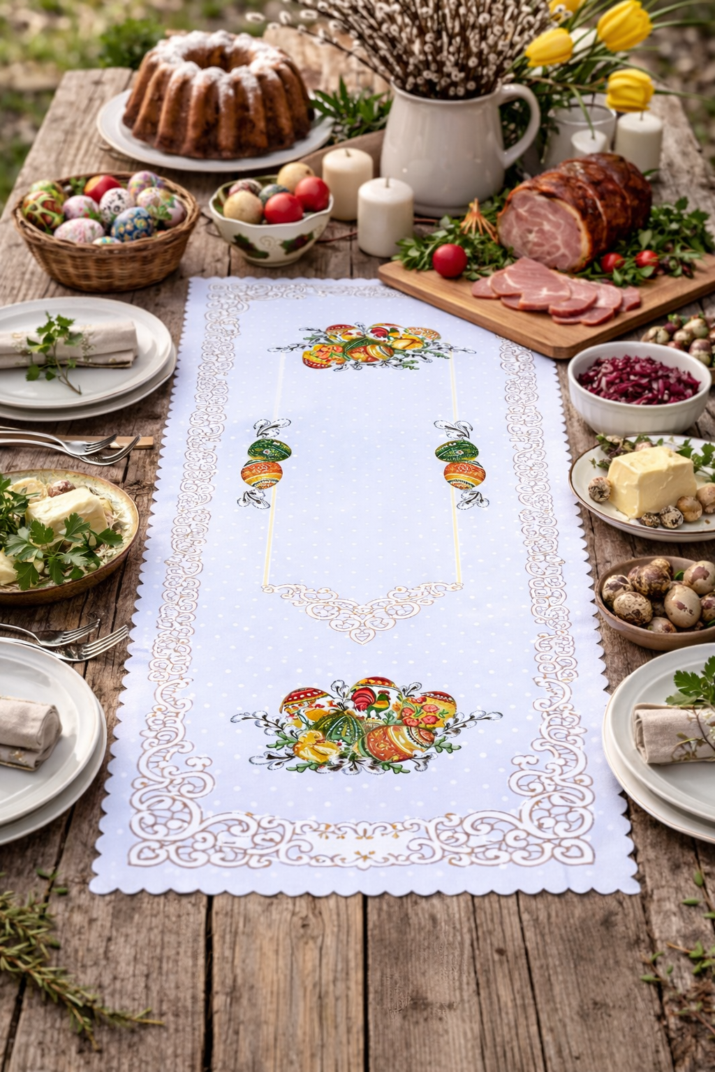 Polish Folk Easter Eggs with Chicks & Rooster Table Runner 39"x20" (White)
