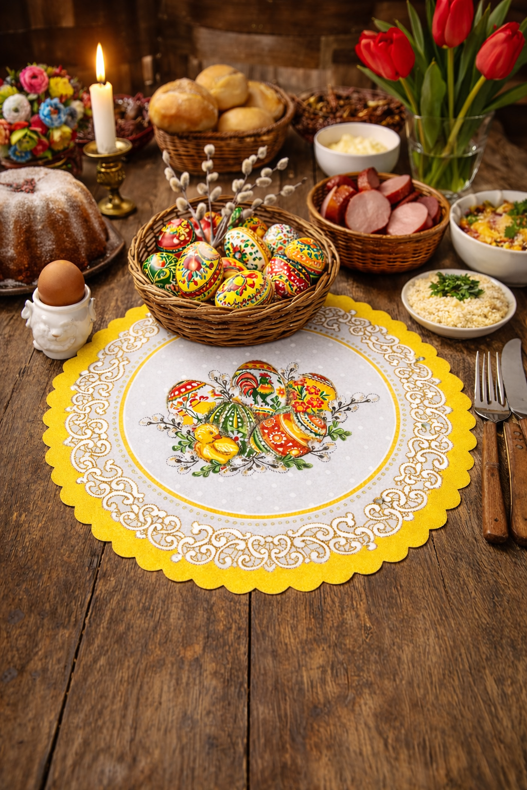 Polish Folk Easter Eggs with Chicks & Rooster Round Doily 13.5"x13.5" (Yellow)