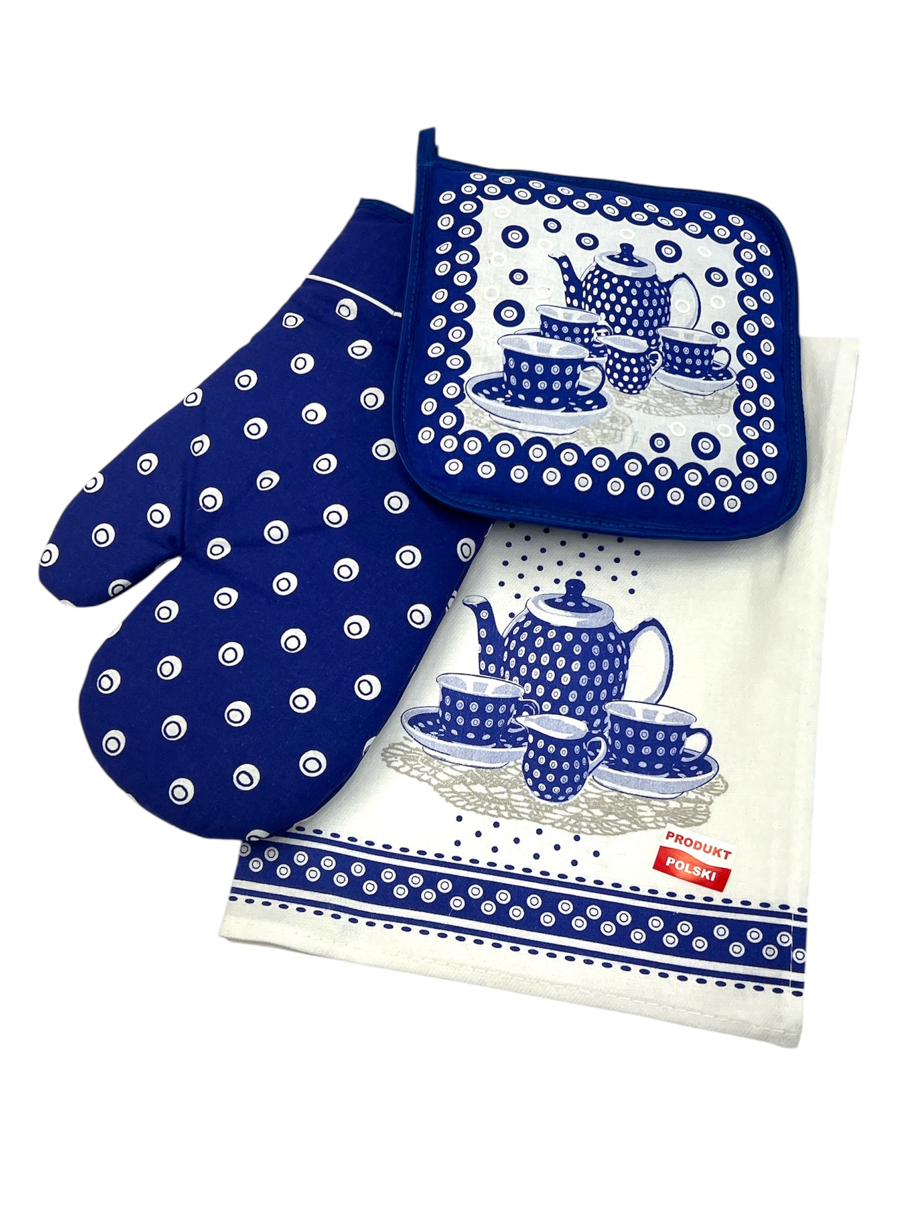 Polish Pottery Oven Mitt, Pot Holder & Kitchen Towel Set (Blue)