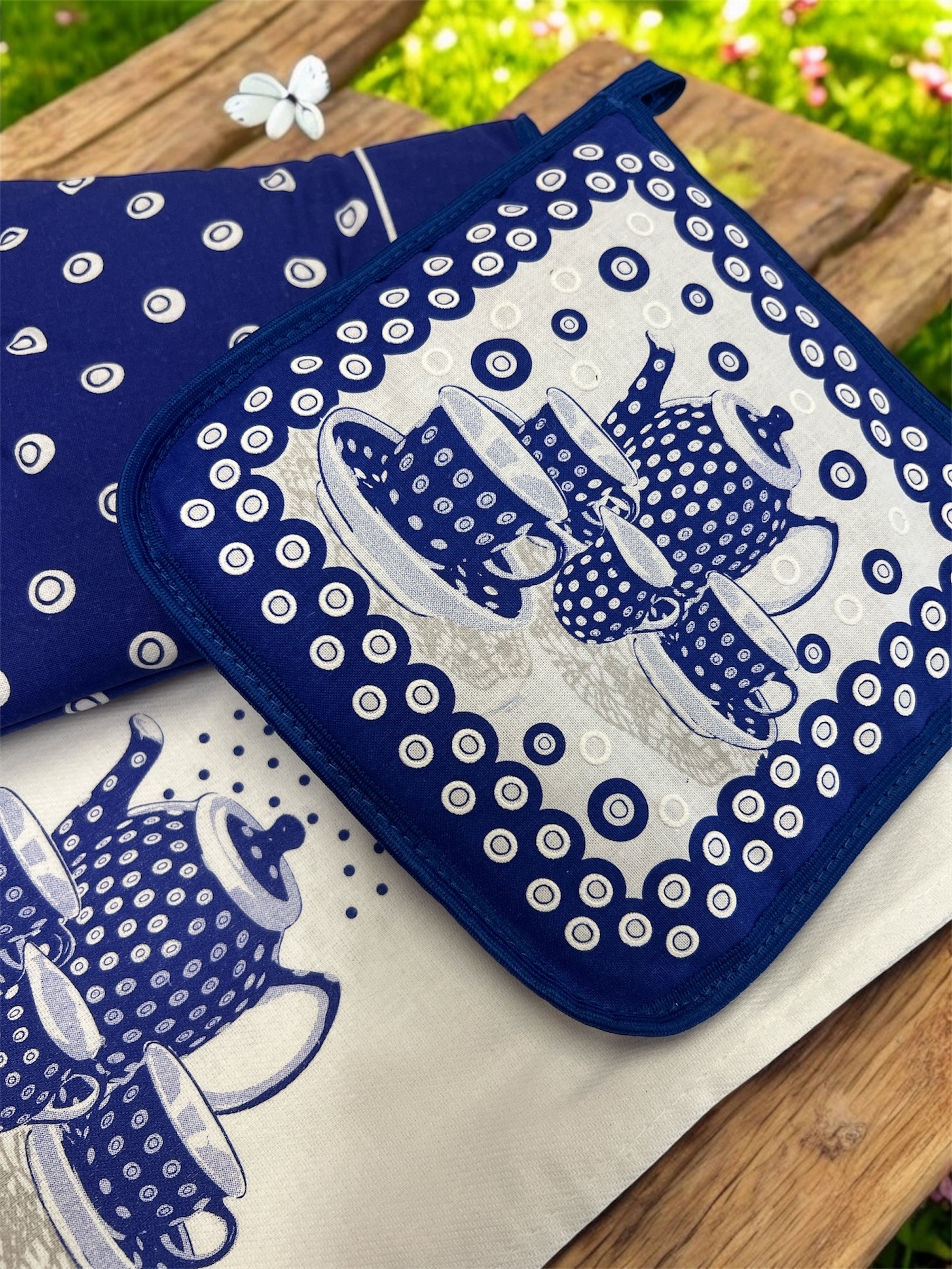 Polish Pottery Oven Mitt, Pot Holder & Kitchen Towel Set (Blue)