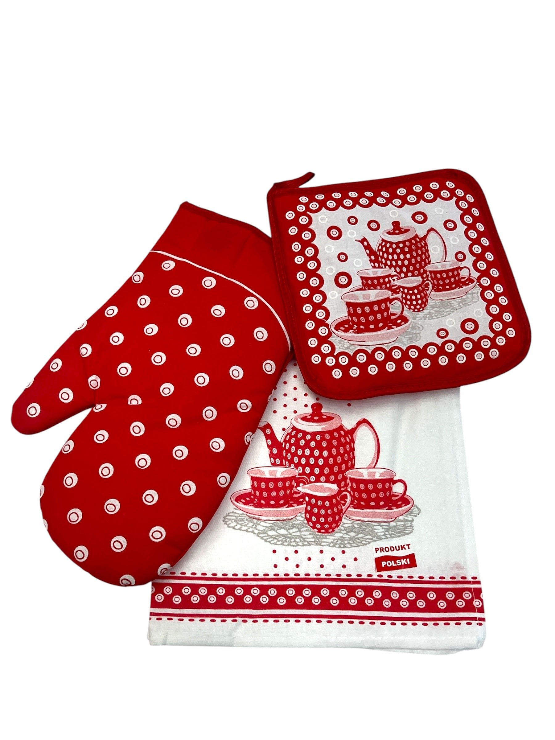 Polish Pottery Oven Mitt, Pot Holder & Kitchen Towel Set (Red)