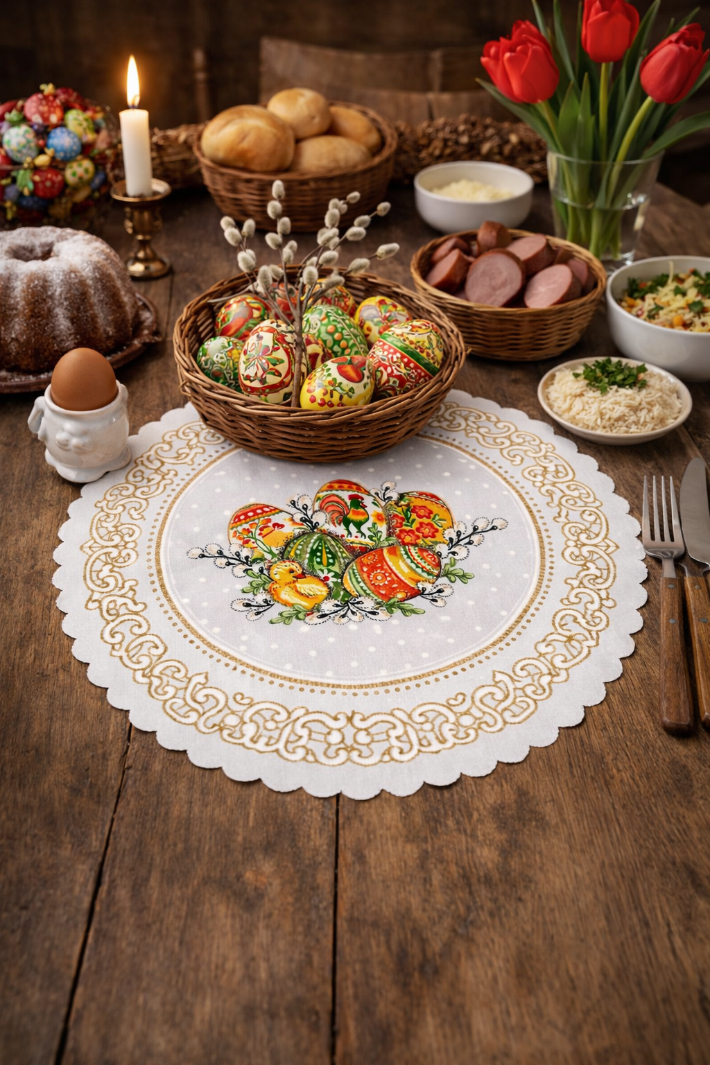 Polish Folk Easter Eggs with Chicks & Rooster Round Doily 13.5"x13.5" (White)