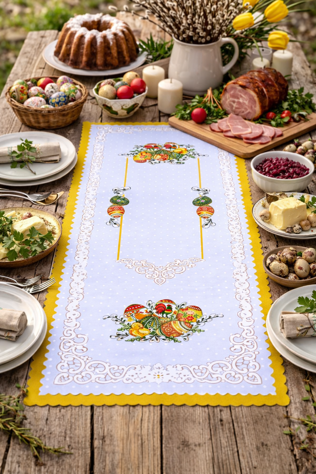 Polish Folk Easter Eggs with Chicks & Rooster Table Runner 39"x20" (Yellow)