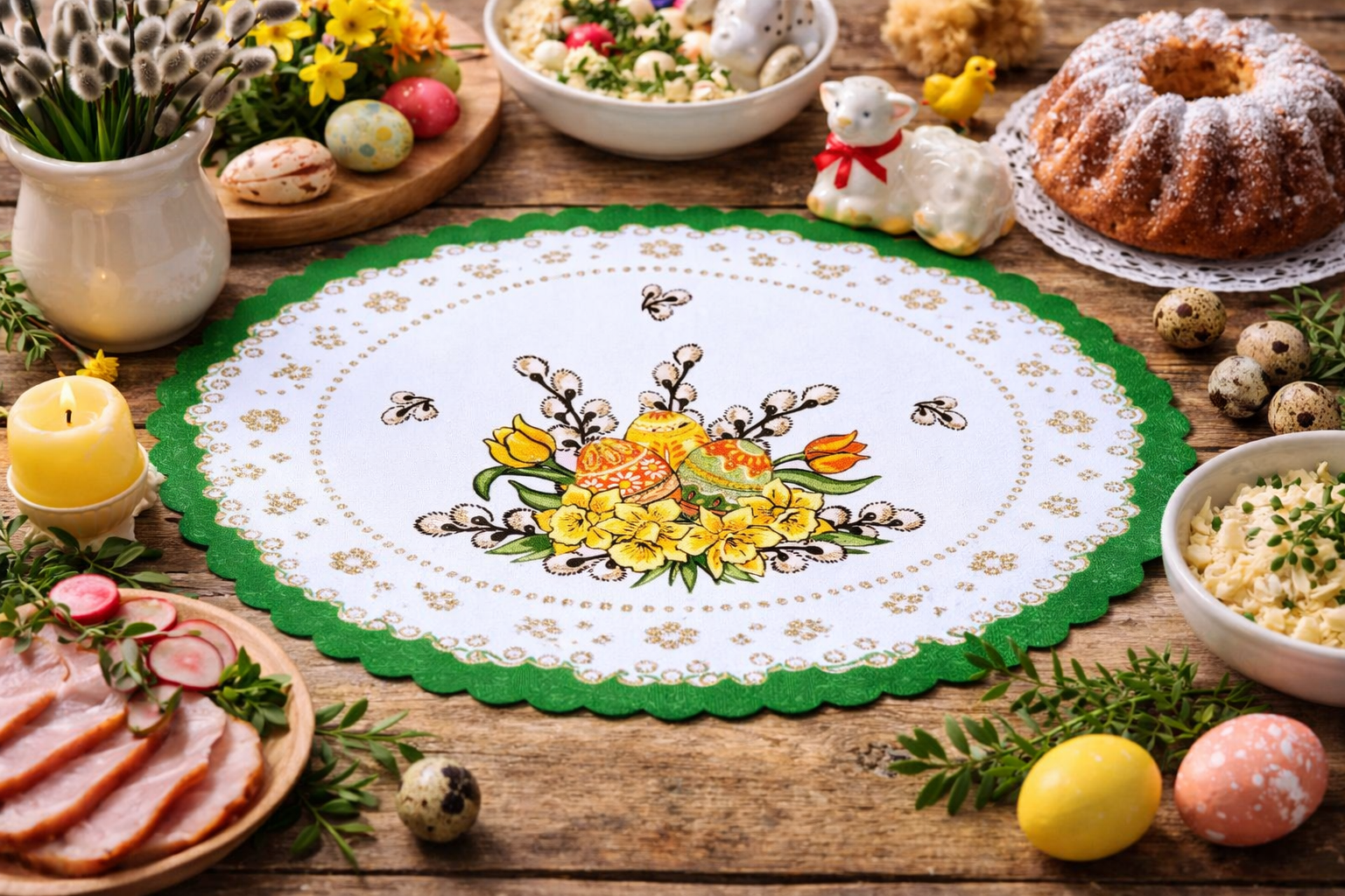 Polish Traditional Easter Eggs with Pussy Willows Oval Doily 18.5"x12.5" (Green)