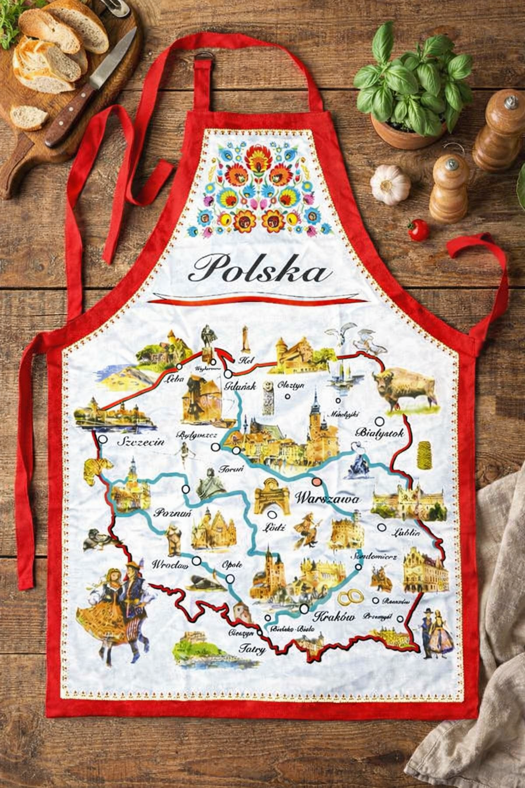 Polish Folk Art Kitchen Apron with Map of Poland