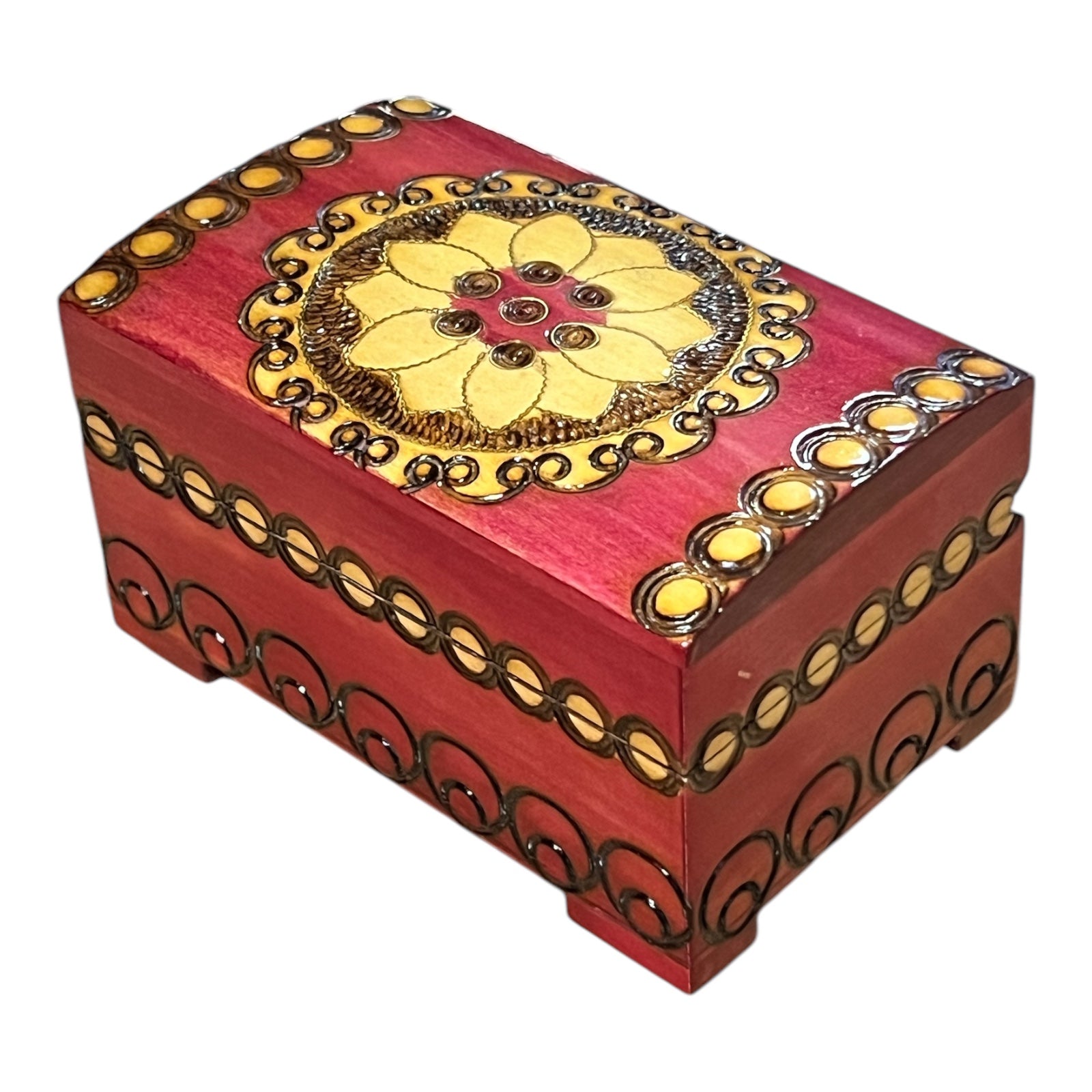Polish Folk Floral Wooden Box with Brass Inlays, Pink 5"x 3"x2.75"