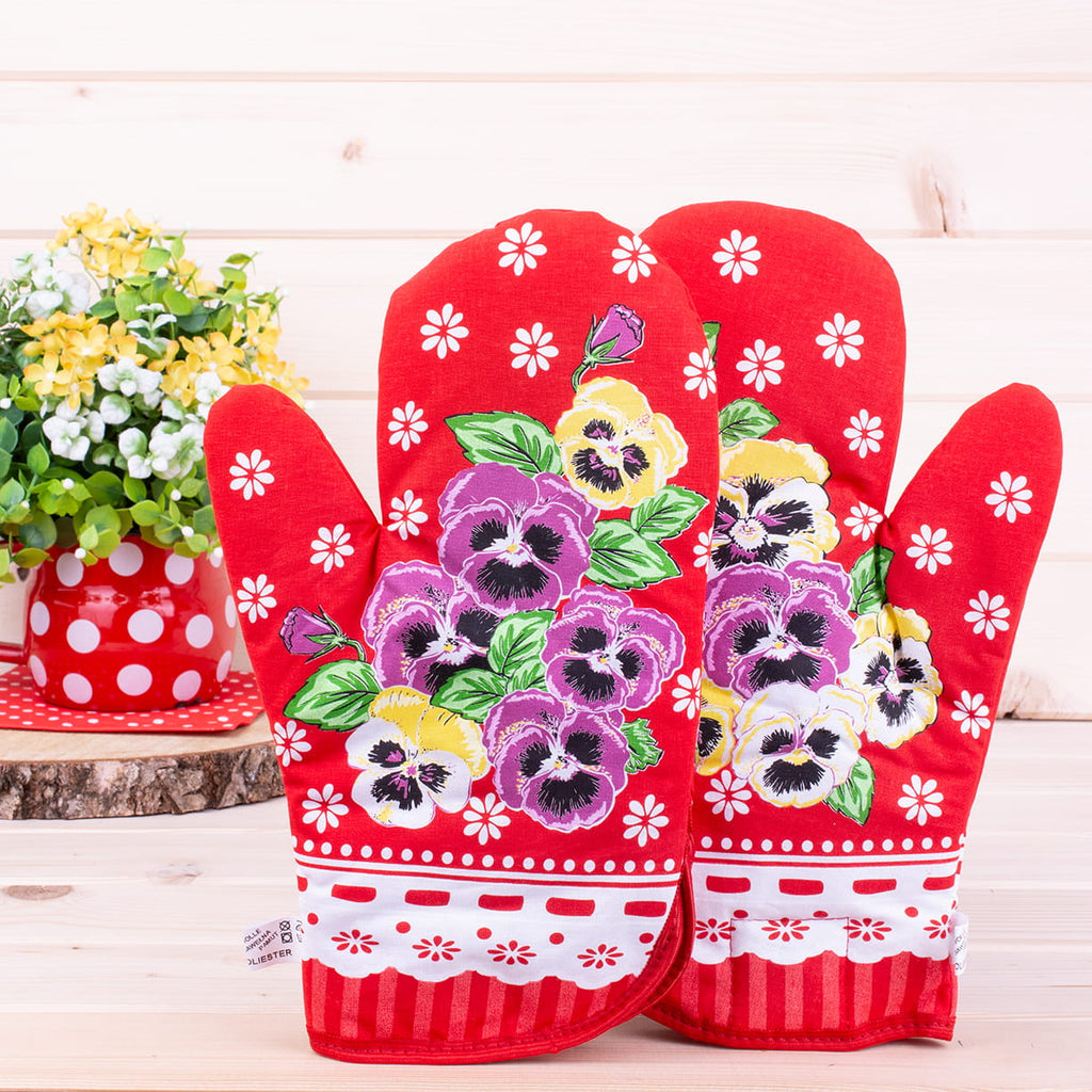 Polish Floral 2 Oven Mitts Pansies Flowers (Red)