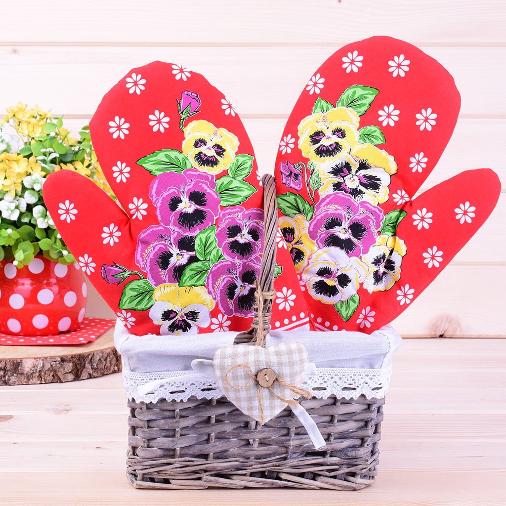 Polish Floral 2 Oven Mitts Pansies Flowers (Red)