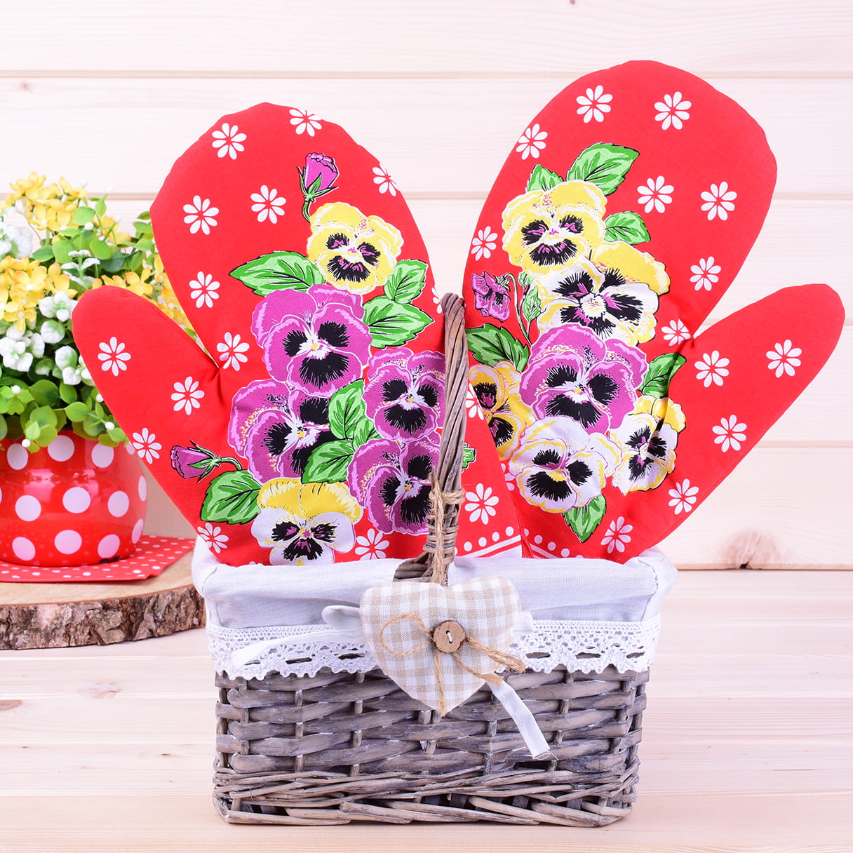 Polish Floral 2 Oven Mitts Pansies Flowers (Red)