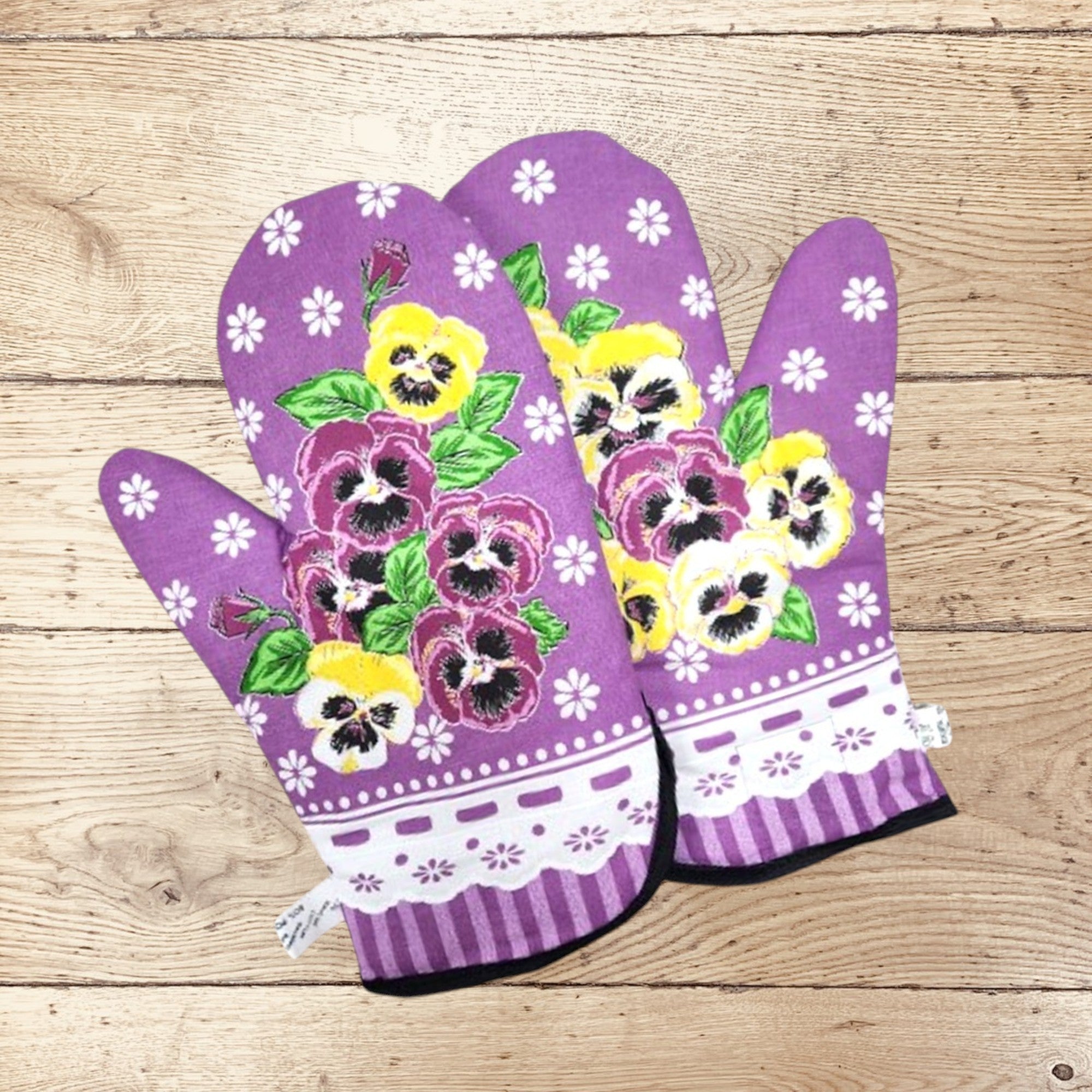 Polish Floral 2 Oven Mitts Pansies Flowers (Purple)
