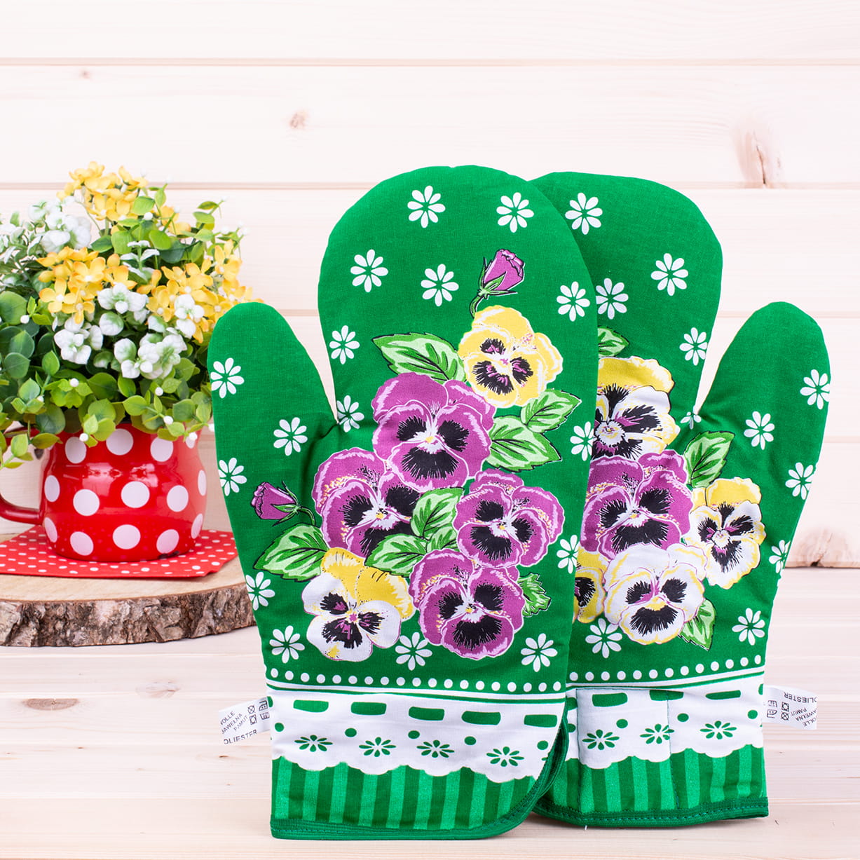 Polish Floral 2 Oven Mitts Pansies Flowers (Green)