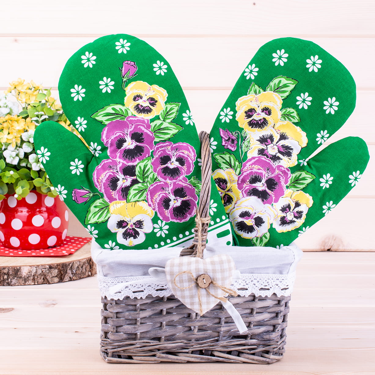 Polish Floral 2 Oven Mitts Pansies Flowers (Green)