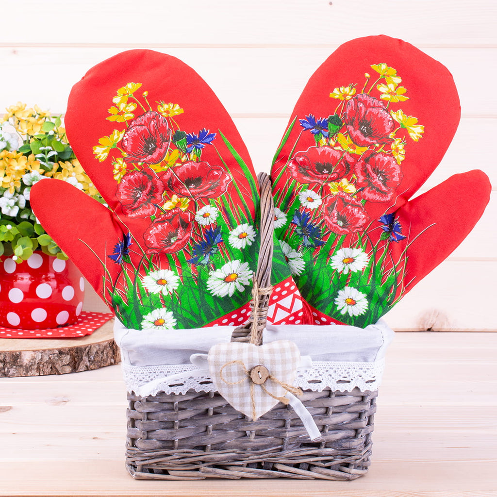 Polish Floral 2 Oven Mitts Poppies Wildflowers (Red)
