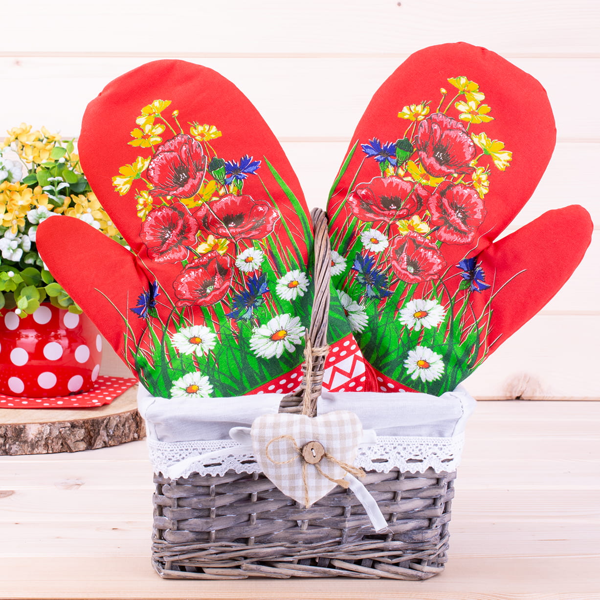 Polish Floral 2 Oven Mitts Poppies Wildflowers (Red)