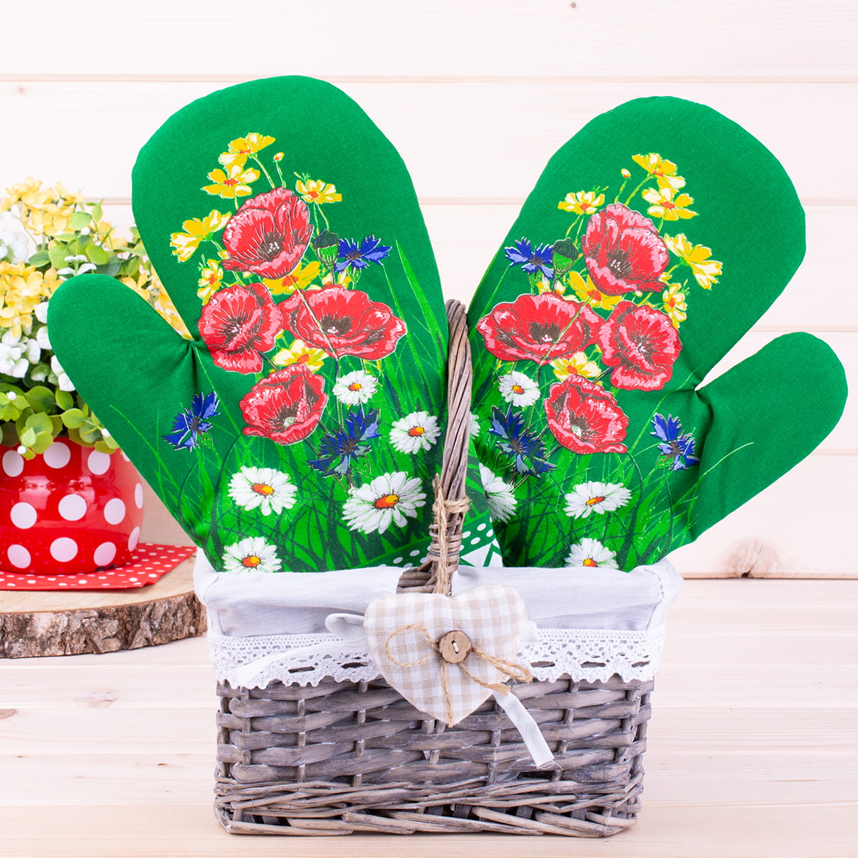 Polish Floral 2 Oven Mitts Poppies Wildflowers (Green)
