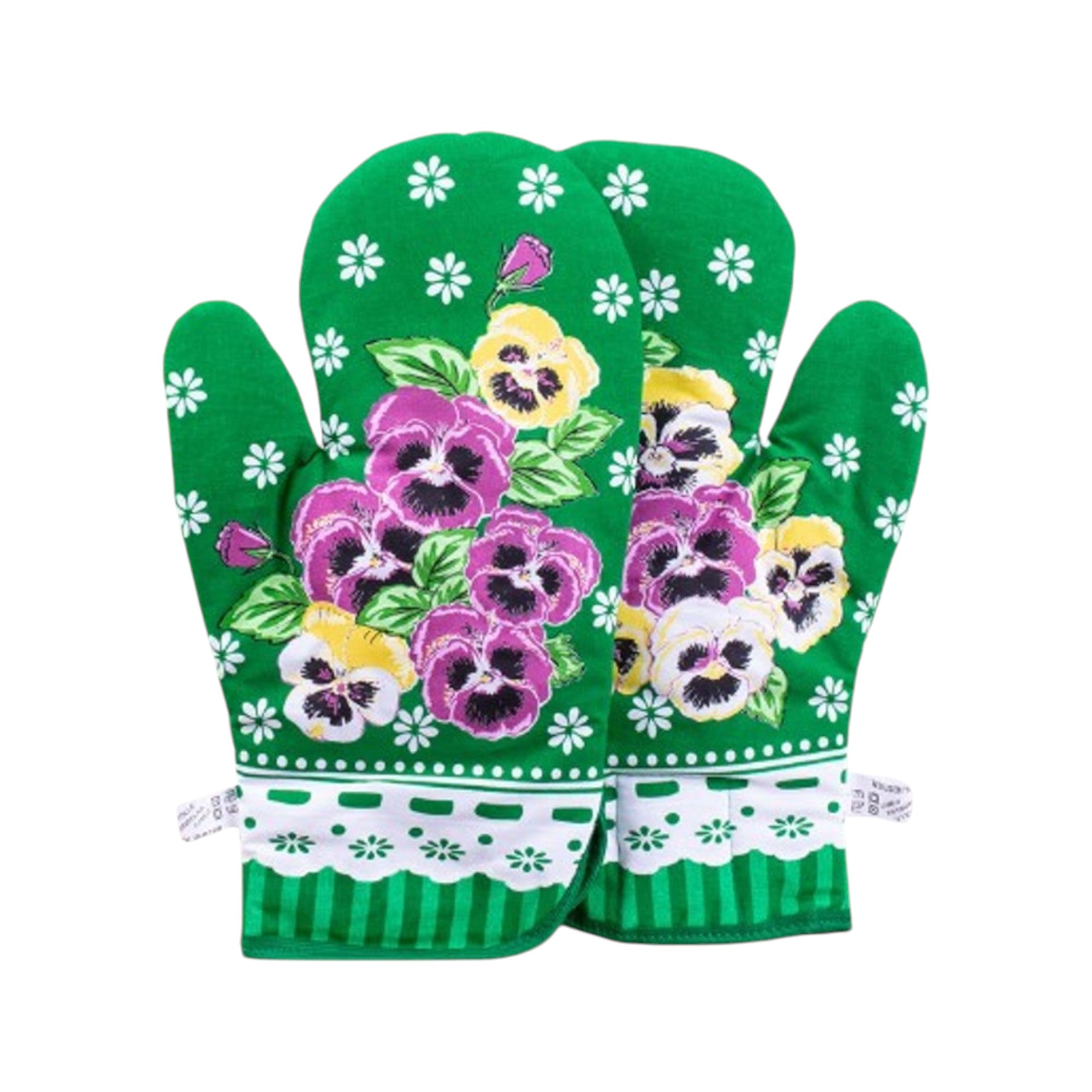 Polish Floral 2 Oven Mitts Pansies Flowers (Green)