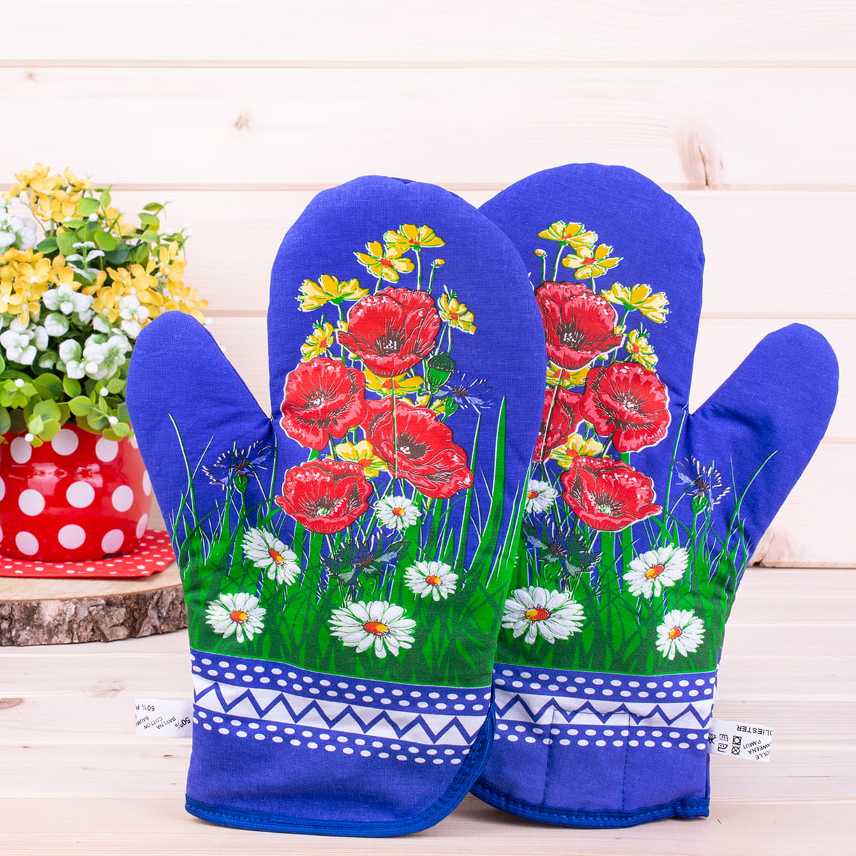 Polish Floral 2 Oven Mitts Poppies Wildflowers (Navy)