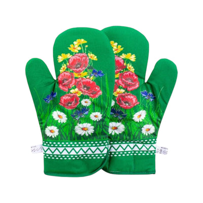 Polish Floral 2 Oven Mitts Poppies Wildflowers (Green)