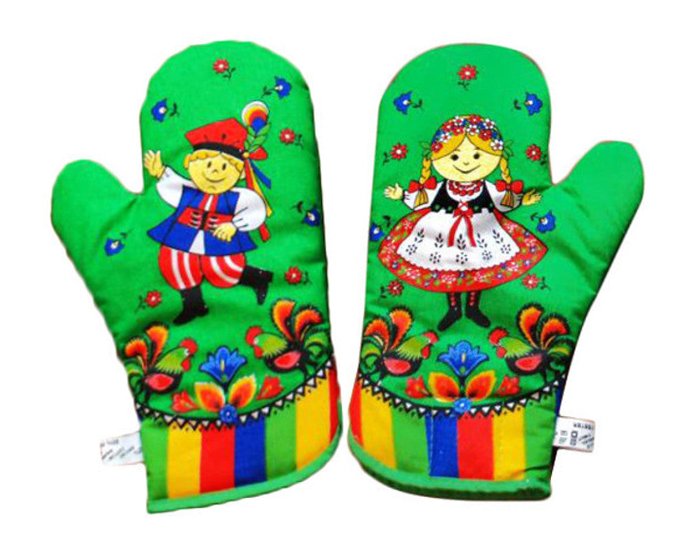 Polish Folk Art Krakow Lowicz 2 Oven Mitts (Green)