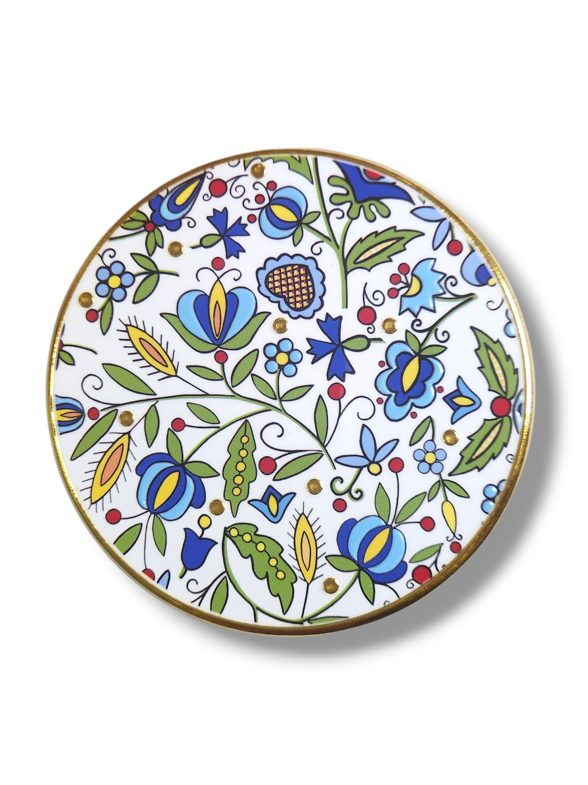 Polish Kashubian Folk Art Ceramic Cork Coaster, Round Blue