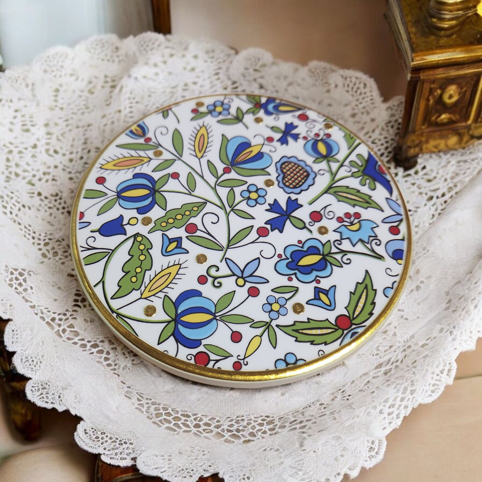 Polish Kashubian Folk Art Ceramic Cork Coaster, Round Blue