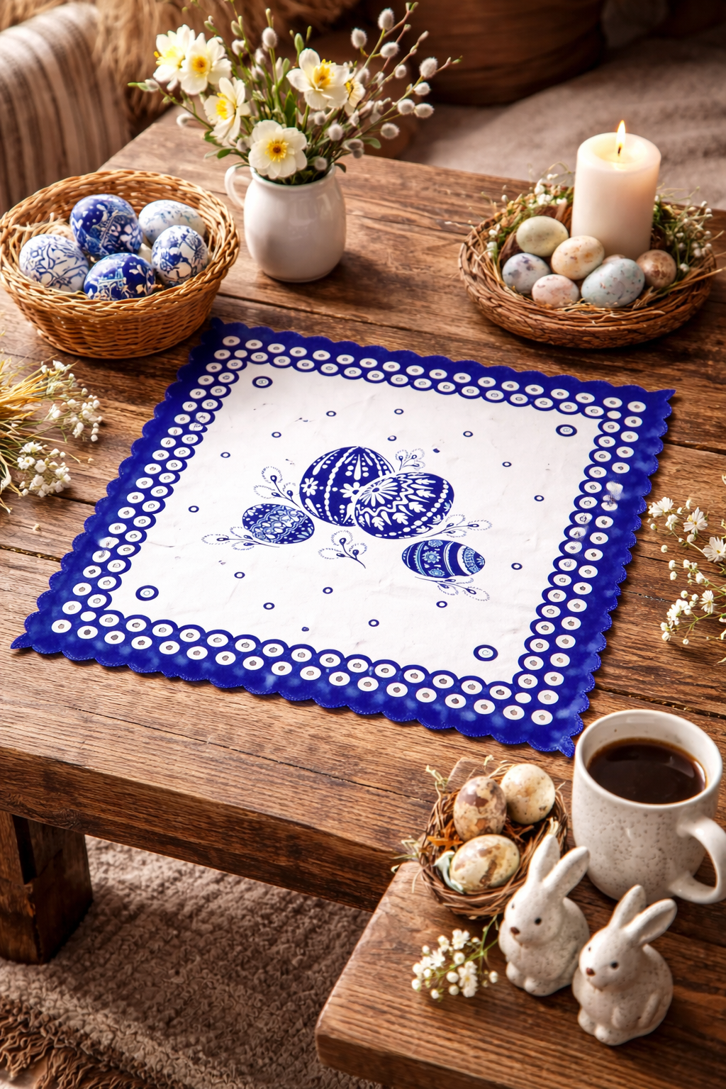 Blue Dot Polish Pottery Easter Eggs Square Doily with Scalloped Edges 13.5"