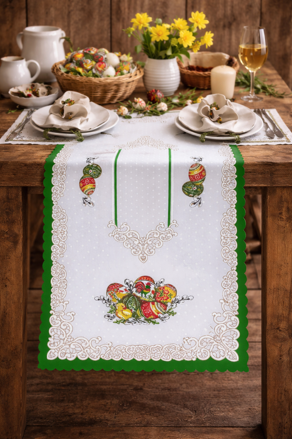 Polish Folk Easter Eggs with Chicks & Rooster Table Runner 39"x20" (Green)