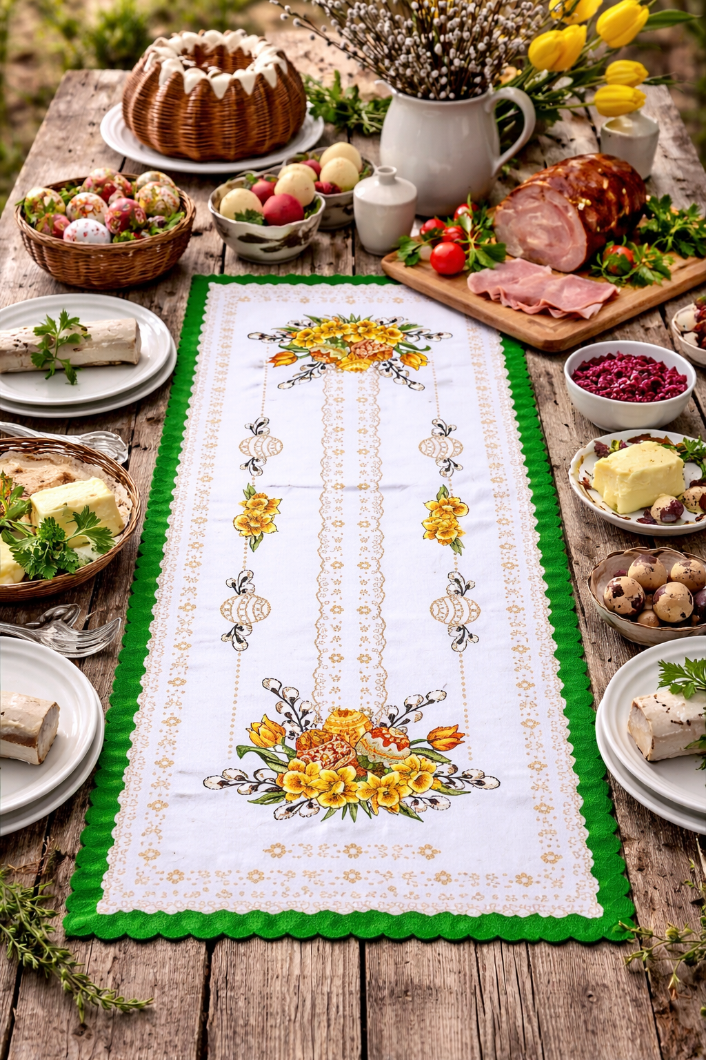 Polish Traditional Easter Eggs with Pussy Willows Table Runner 39"x20" (Green)