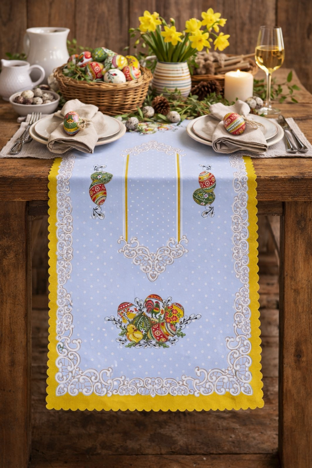 Polish Folk Easter Eggs with Chicks & Rooster Table Runner 39"x20" (Yellow)