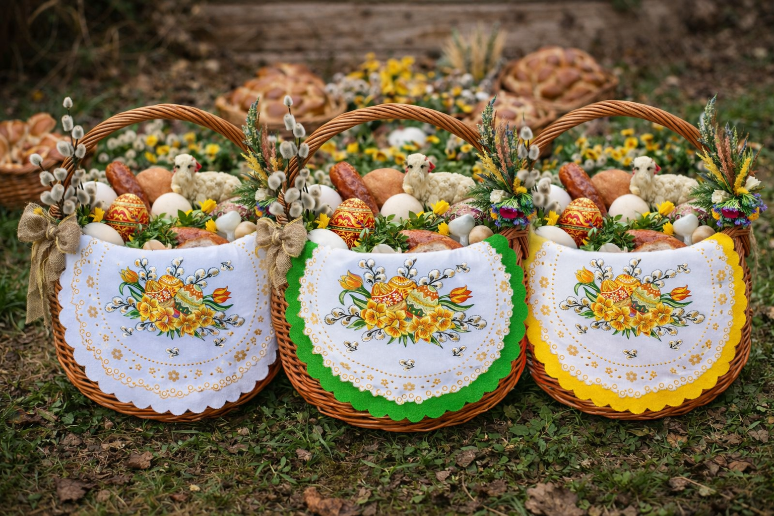 Polish Traditional Easter Eggs with Pussy Willows Round Doily 13.5"x13.5" (Yellow)