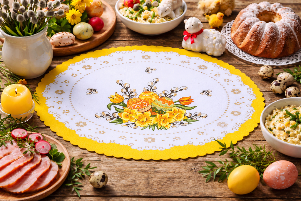 Polish Traditional Easter Eggs with Pussy Willows Oval Doily 18.5"x12.5" (Yellow)