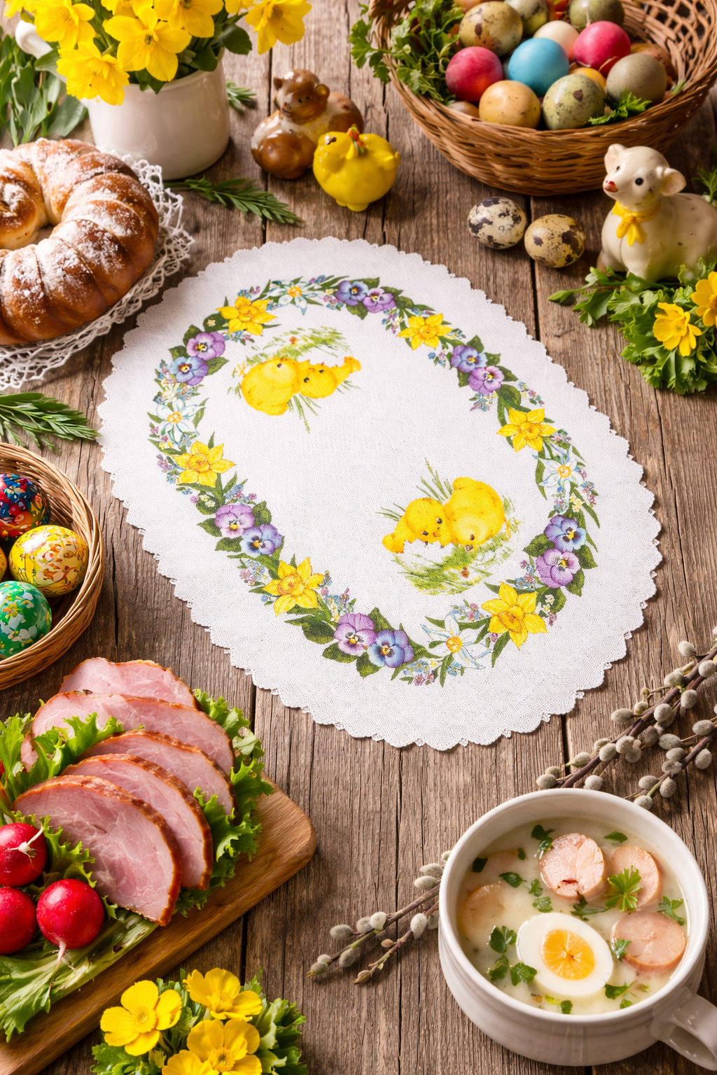 Set of 2 Polish Traditional Oval Easter Doily Basket Cover (Chicks & Spring Flowers)