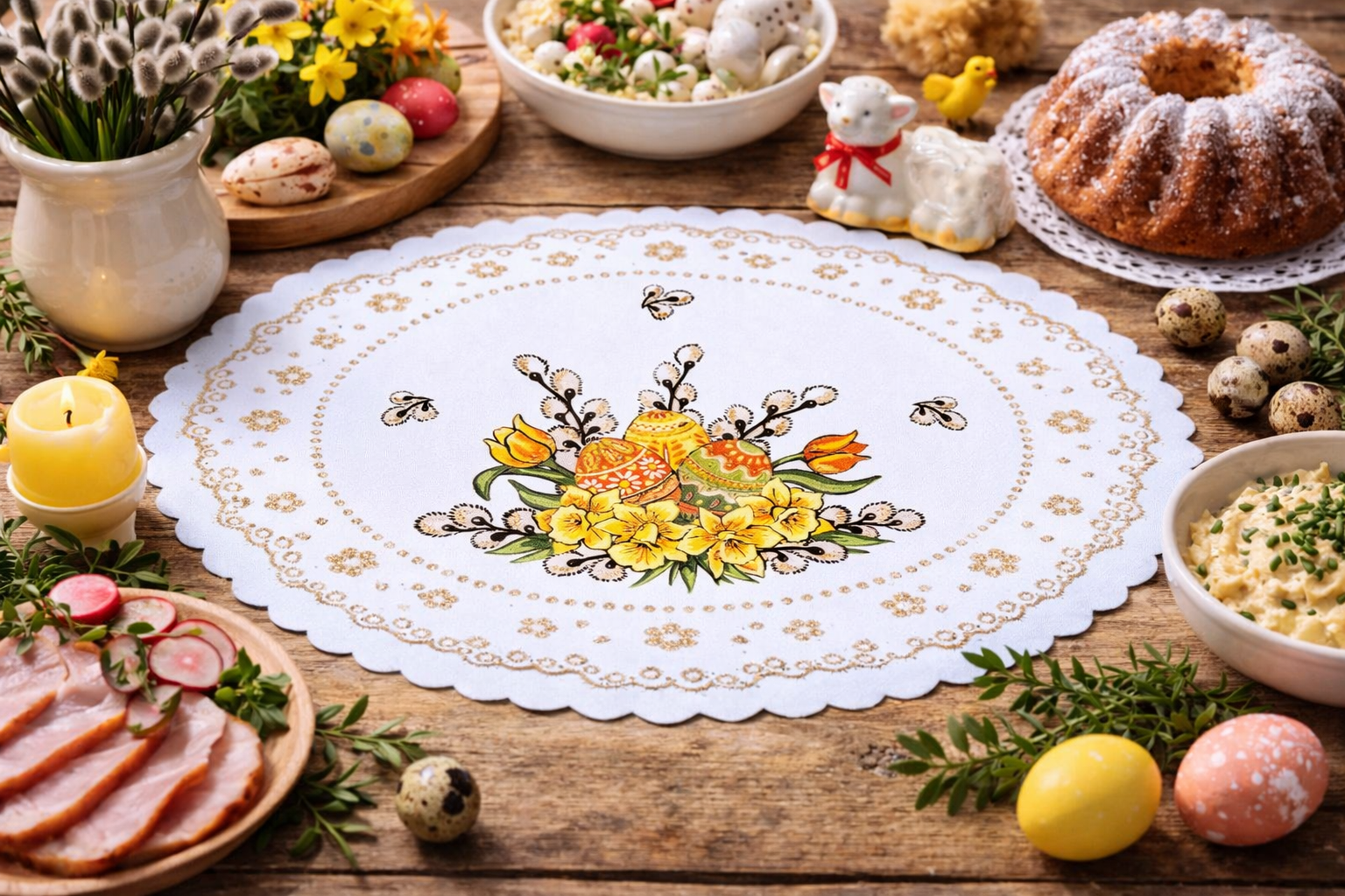 Polish Traditional Easter Eggs with Pussy Willows Oval Doily 18.5"x12.5" (White)