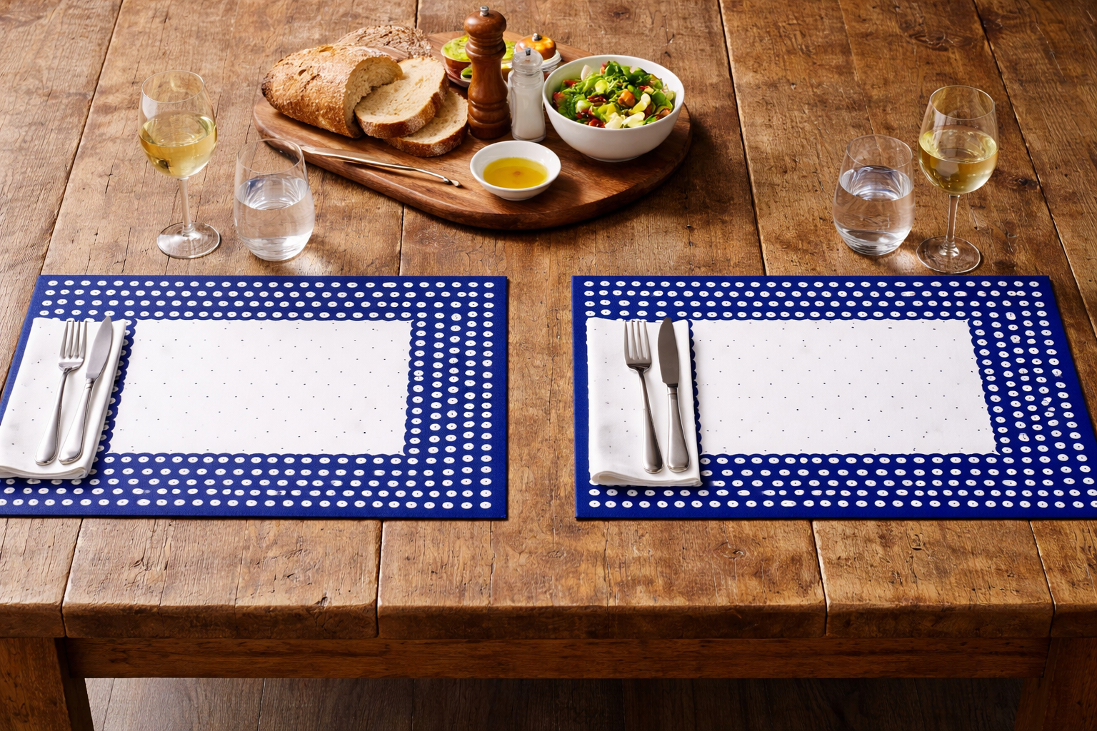 Set of 2 Polish Pottery Blue Dot Placemats with Scalloped Edges