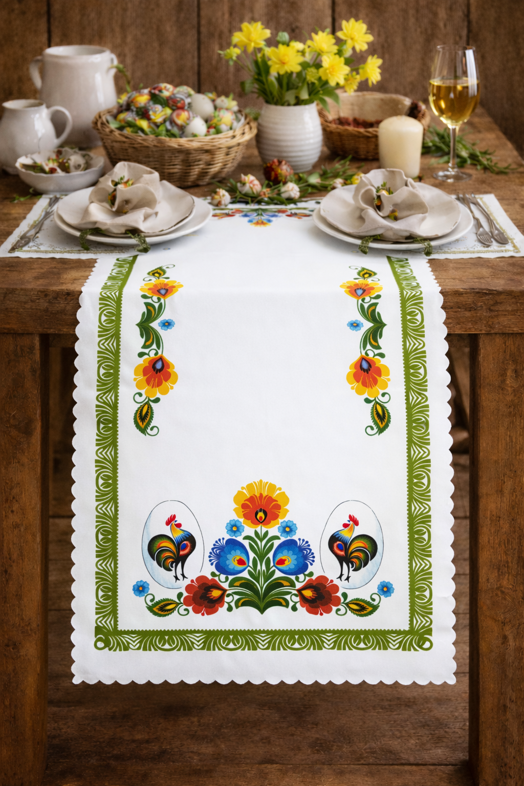 Polish Traditional Rooster Folk Art Table Runner Linen Topper 37.4" x 17.7"