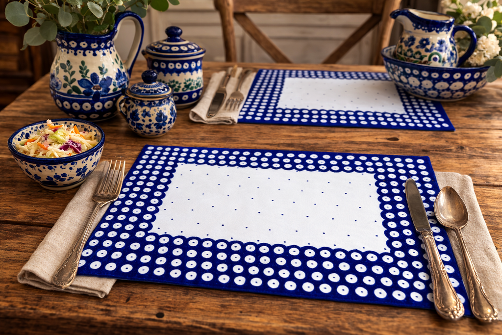 Set of 2 Polish Pottery Blue Dot Placemats with Scalloped Edges