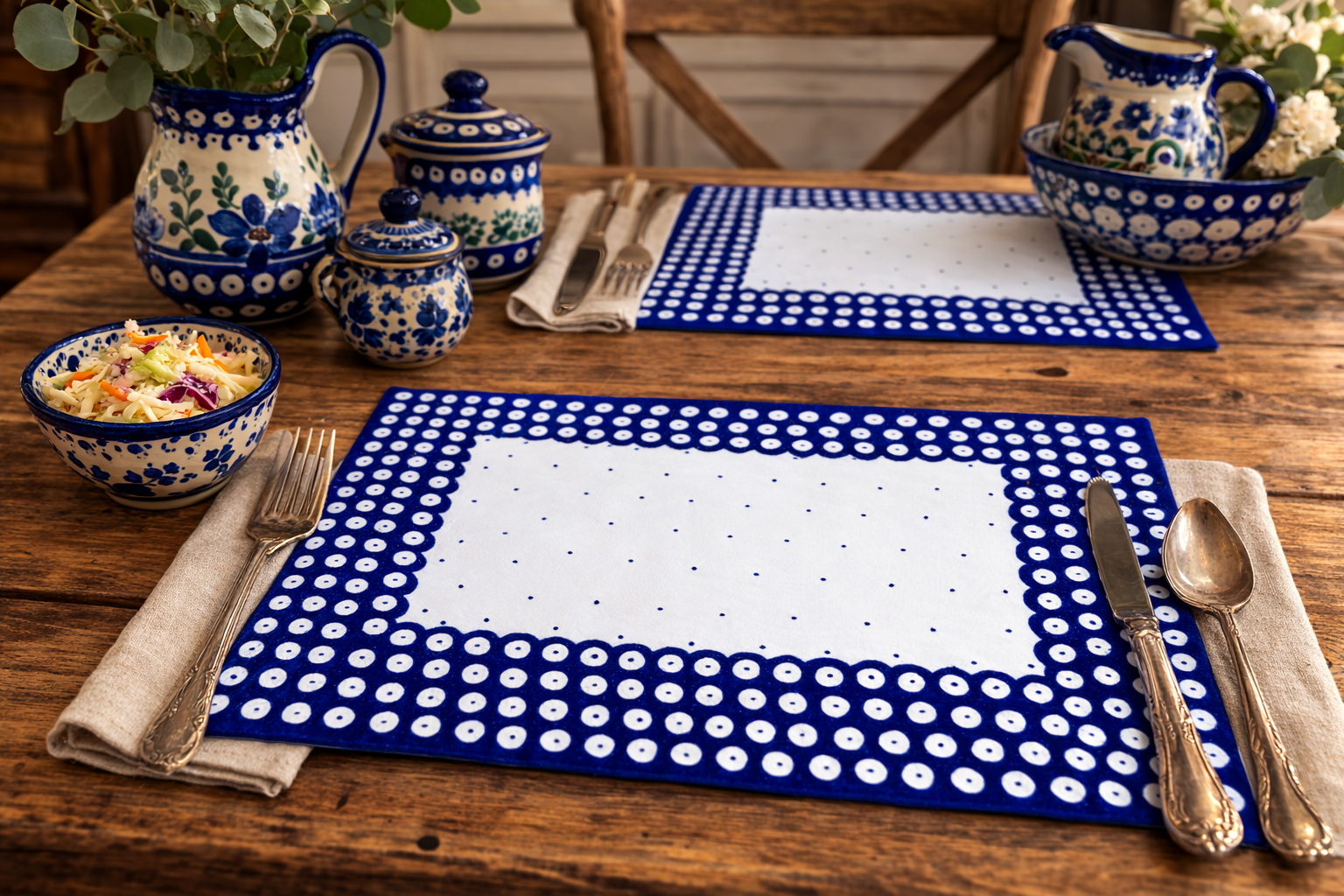 Set of 2 Polish Pottery Blue Dot Placemats with Scalloped Edges