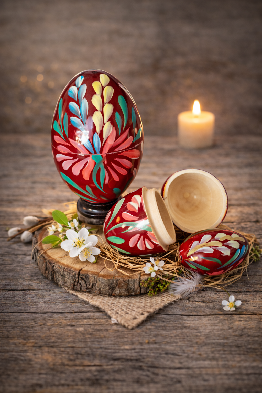 3 in 1 Polish Handpainted Wooden Nesting Eggs, 3.5" - Maroon