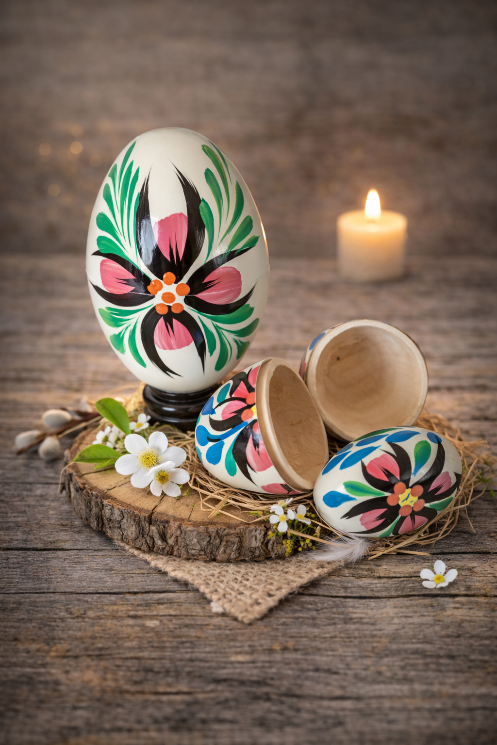 3 in 1 Polish Handpainted Wooden Nesting Eggs, 3.5" - White