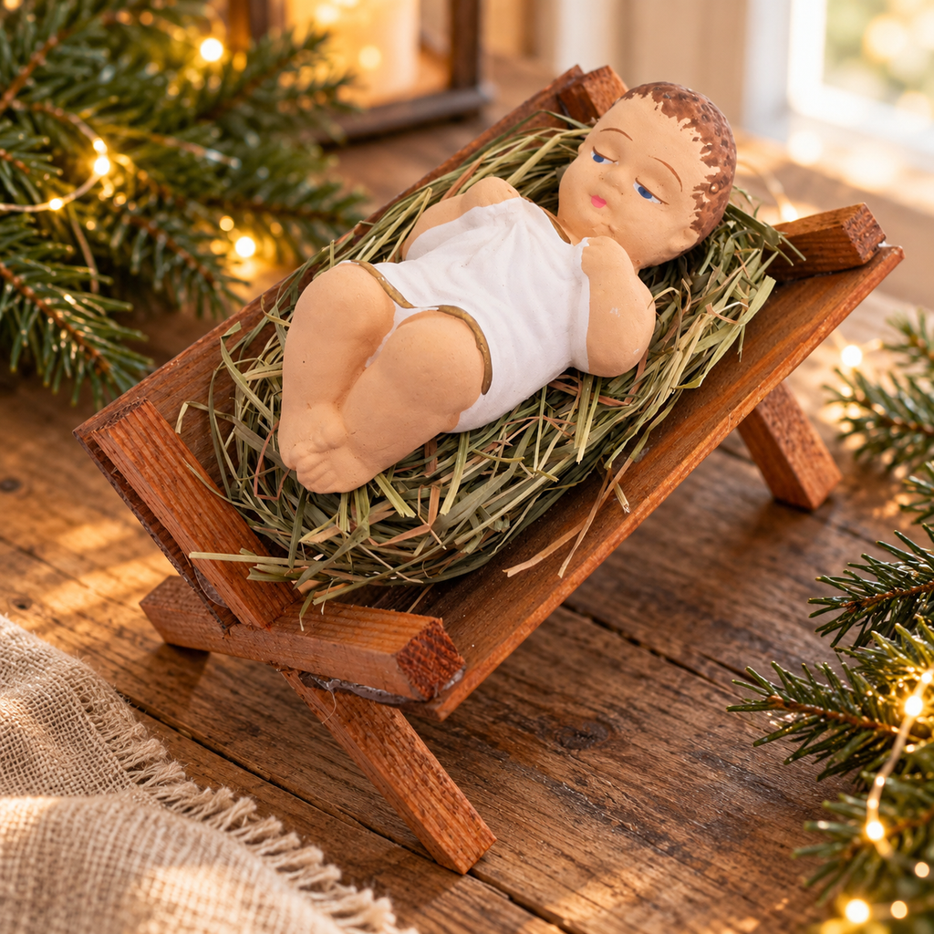 Baby Jesus in Wooden Manger & Natural Hay