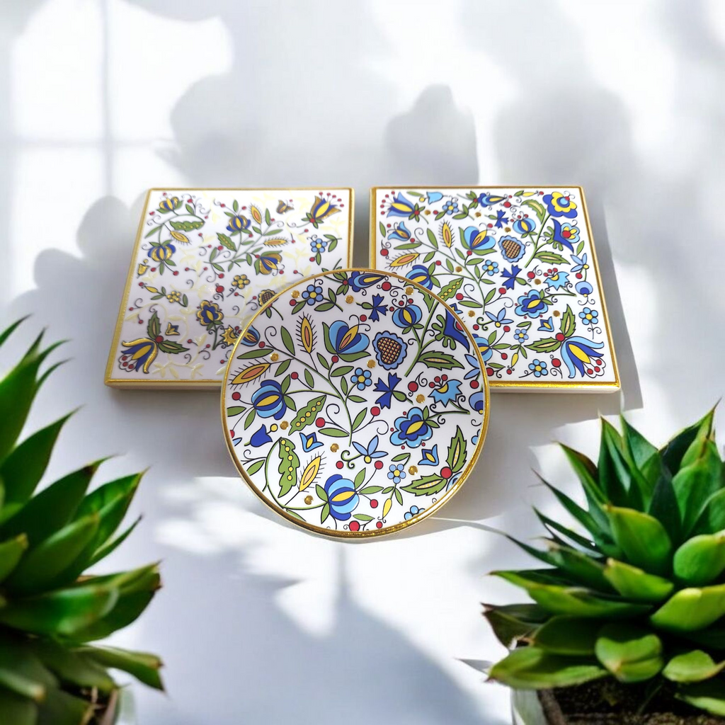 Polish Kashubian Folk Art Ceramic Cork Coaster, Square Blue