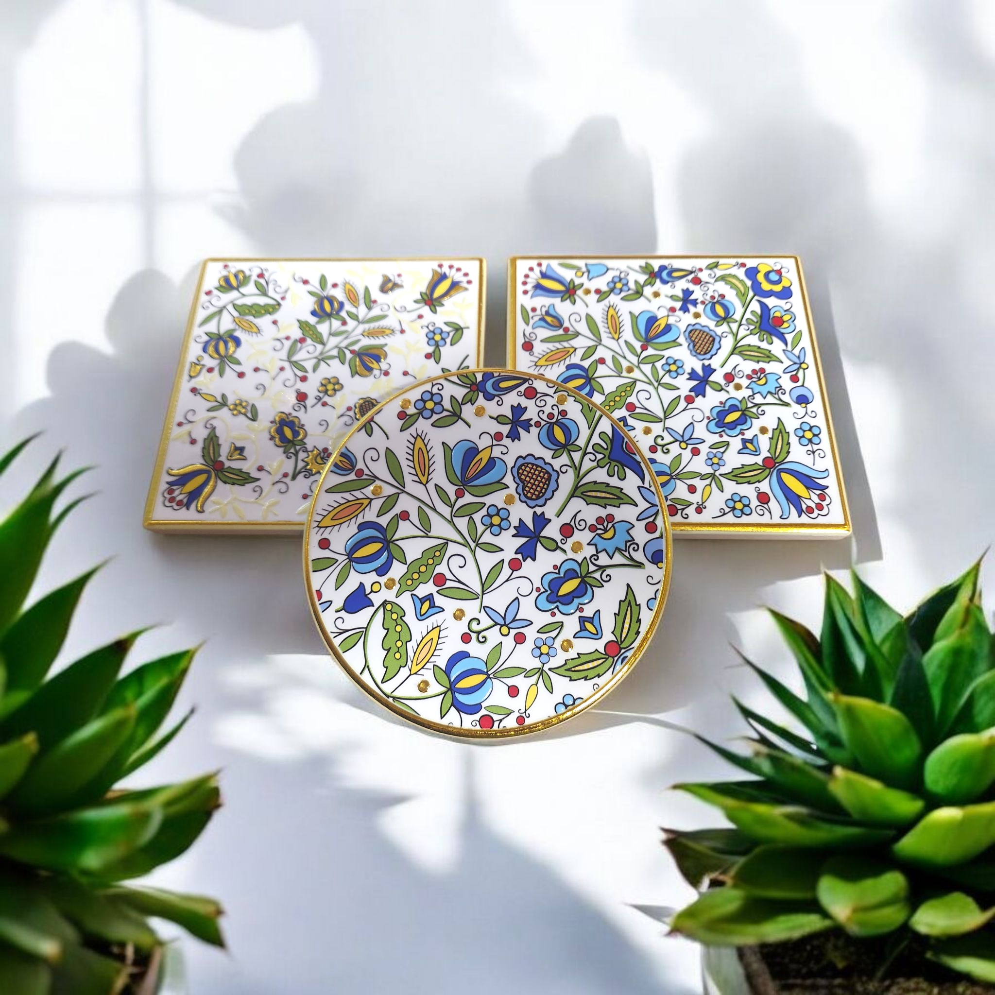 Polish Kashubian Folk Art Ceramic Cork Coaster, Square Blue