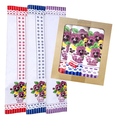 Set of 3 Polish Floral Kitchen Towels in Box (Pansies Flowers)