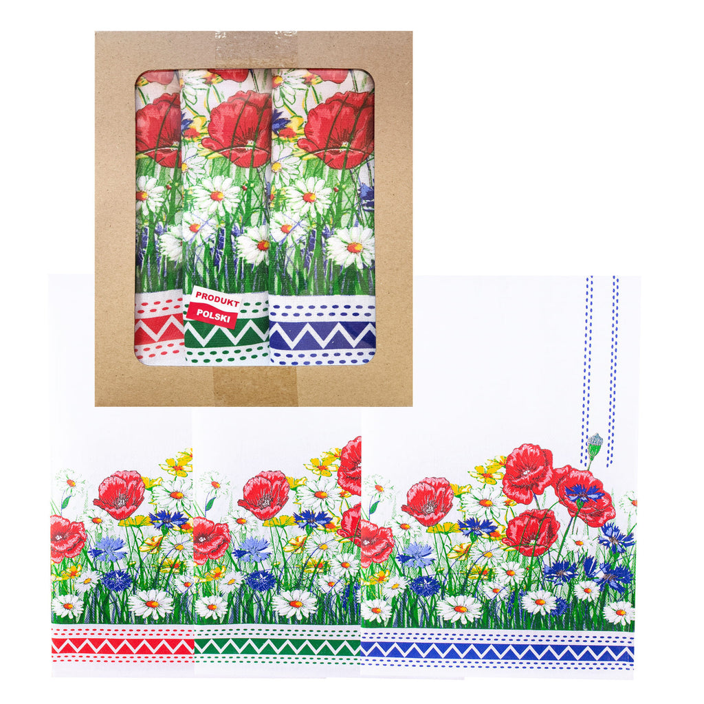 Set of 3 Polish Floral Kitchen Towels in Box (Poppies Wildflowers)