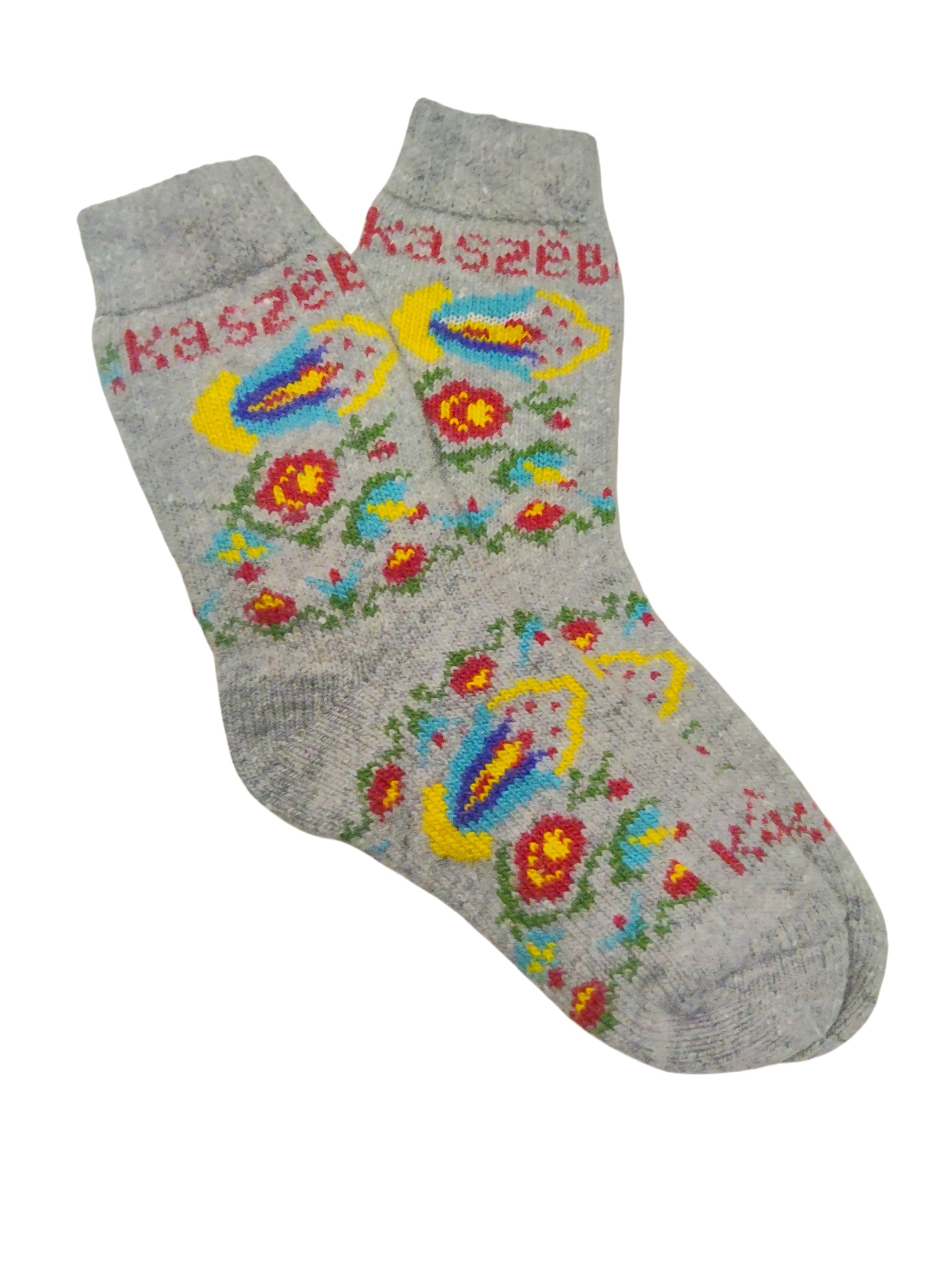 Women Polish Folk Art KASZEBE Wool Socks, Grey