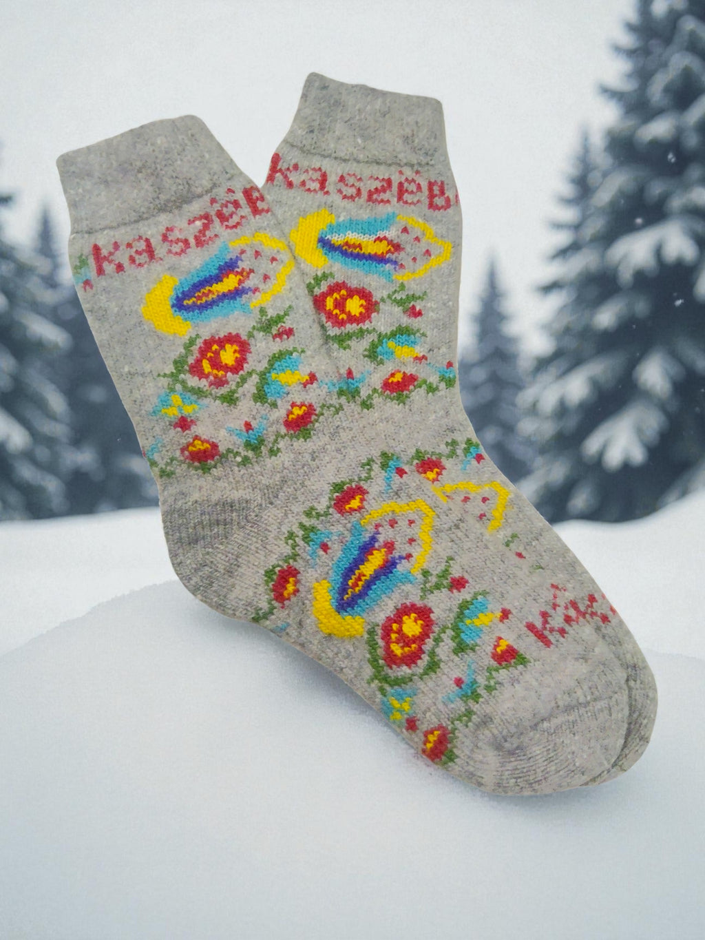 Women Polish Folk Art KASZEBE Wool Socks, Grey